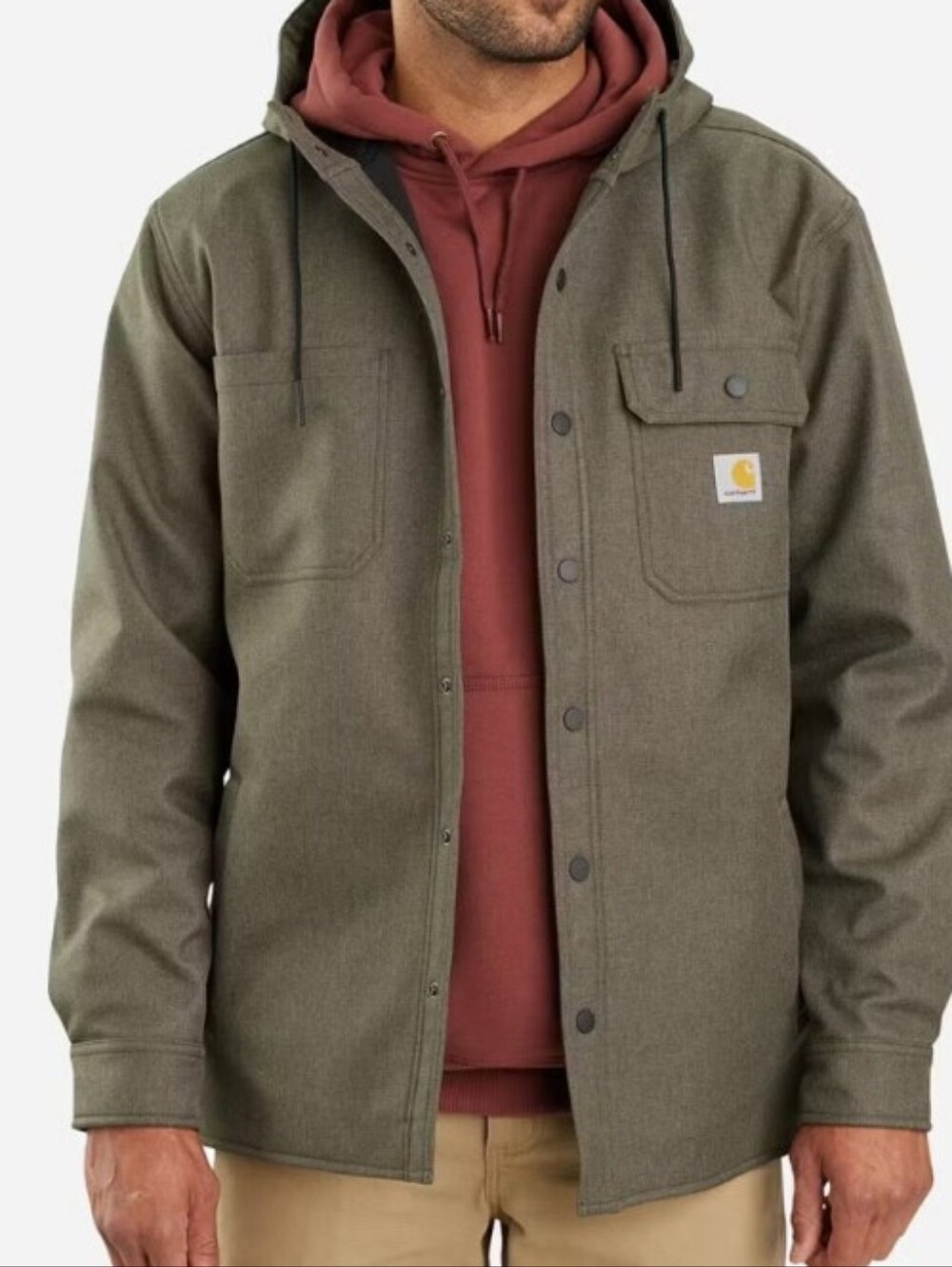 Carhartt Olive Green Hooded Work Jacket with Rust Hoodie Layer